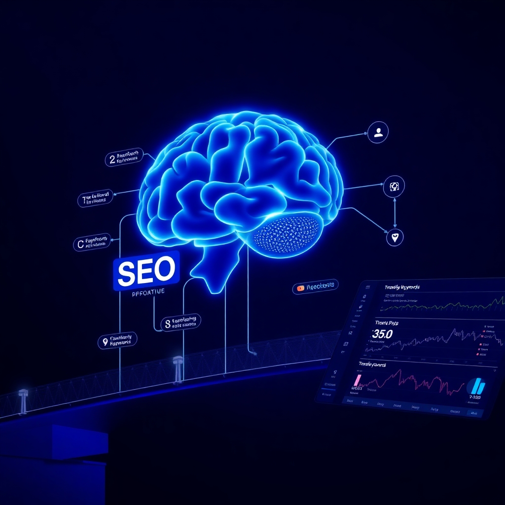 High contrast low-key lighting glowing blue OpenAI brain dynamic SEO flowchart connecting bridge sleek interface with data graphs and trending keywords Blues purples whites subtle gradients Dramatic innov